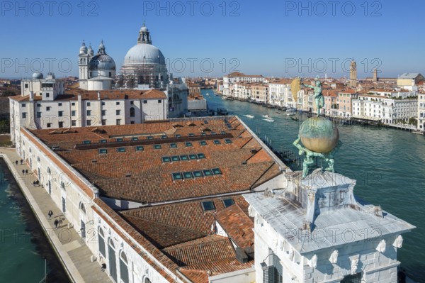 Aerial view of Dogana da Mar with Santa Maria della Salute Church and Grand Canal, Venice, Veneto,