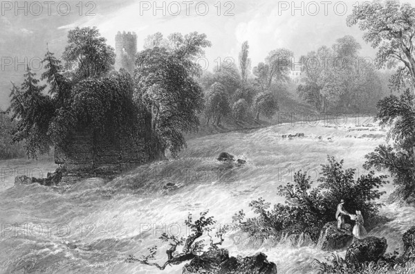 Donnass rapids on the Shannon River, Castleconnell Castle tower, County Limerick, Ireland, round