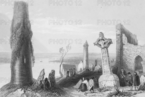 Ruins of the Clonmacnoise monastery complex with cemetery, Clonmacnoise on the Shannon River,
