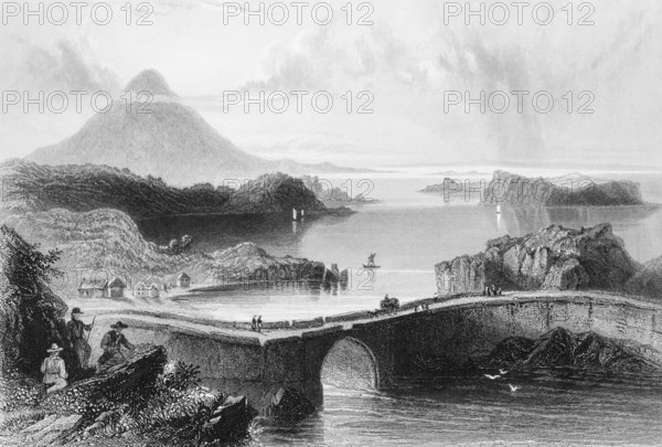 Lake Lough Conn, Loch Conn, County Mayo, Ireland, coastal landscape, stone bridge, rock islands,