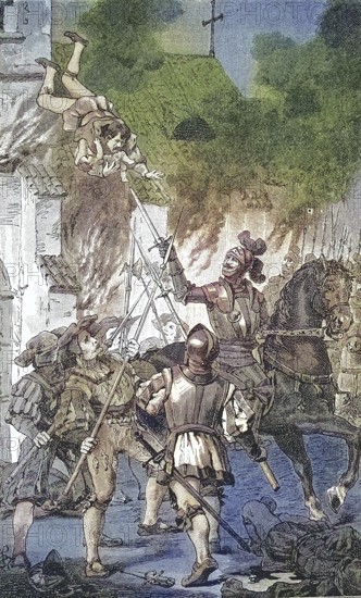 German Peasants' War, 1524-1526, A farmer and his child throw himself from the burning tower in