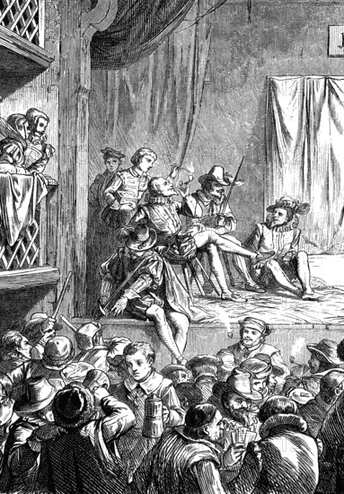 The stage in Shakespeare's time, woodcut from 1864