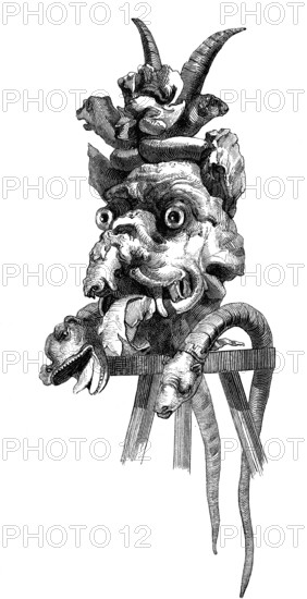 Instruments of torture: The monster's head, woodcut from 1864