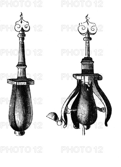 Instruments of torture: Strangling pear, in open and closed position. The mouth pear, also known as
