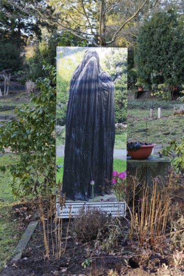 Photo of a stolen bronze figure at a grave site, metal theft, Nordfriedhof Düsseldorf, North