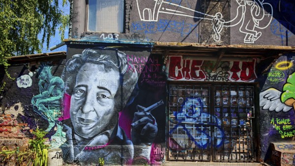 Colourful graffiti portrait on an urban wall with further figures and details, Ljubljana, Slovenia