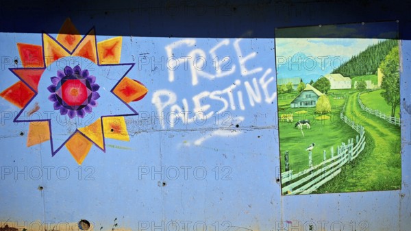 Wall art with graffiti free Palestine and a picture of a green landscape with houses and mountains,