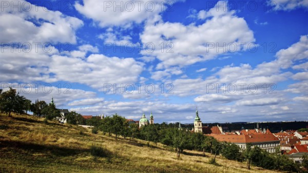 Hill with meadow in the foreground, municipal buildings and churches under clear sky, view over