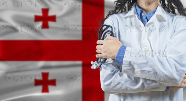 Healthcare professional with Georgia flag background. Professional doctor holding stethoscope on