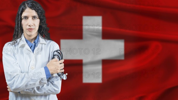 Swiss national health system, Medical professional on Switzerland flag background