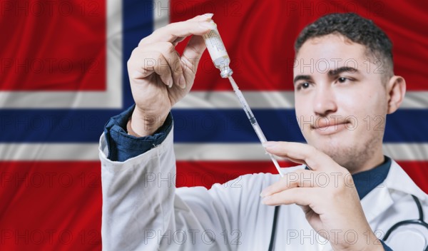 Doctor holding syringe on Norway flag background. Medical professional holding syringe with