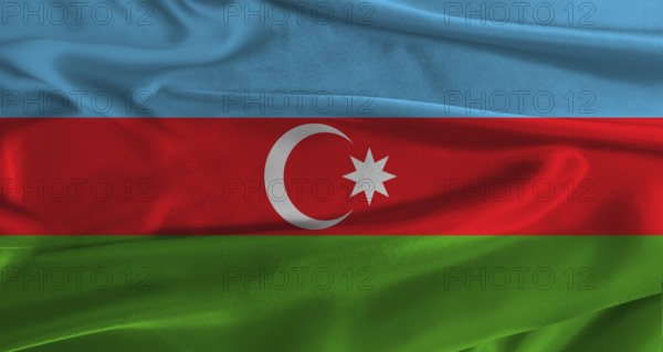 Flag of Azerbaijan with fabric textured background. Close up of National flag of Azerbaijan with