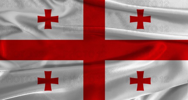 Flag of Georgia with fabric textured background. Close up of National flag of Georgia with