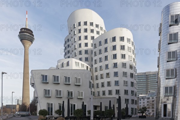 New Zollhof by architect Frank O. Gehry, house with white plaster façade, Gehry buildings in the