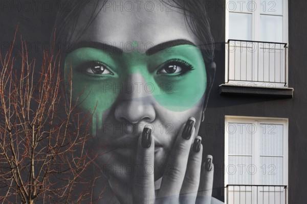 Portrait of a Eurasian woman, Rasimin, mural by street artist Fin DAC, Düsseldorf, North