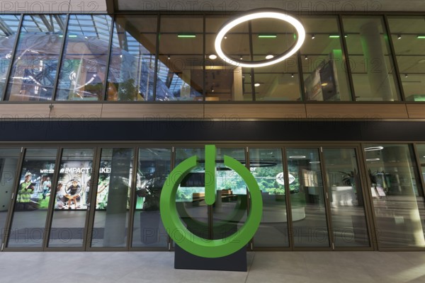 Green Power Button, sculpture in front of Schneider Electric SE's office, EUREF-Campus Düsseldorf,
