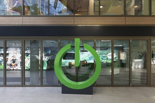 Green Power Button, sculpture in front of Schneider Electric SE's office, EUREF-Campus Düsseldorf,