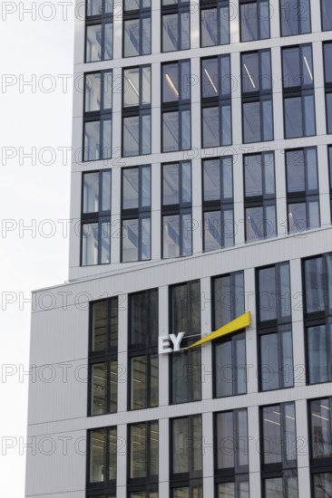 Ernst & Young, Logo Ey am Bürohochhaus Pandion Rise, auditing firm, Düsseldorf, North