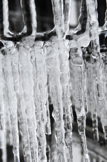 Bicycle icy due to freezing rain, icicles, detailed view