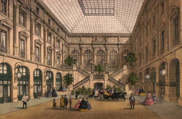 In the late 19th century, Cour du Grand Hotel du Louvre was a famous, covered courtyard of the