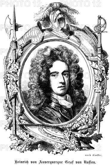 Henry von Auverquerque Count of Nassau feathers, helmet, sword, heelebard, shield, knight, emblems,