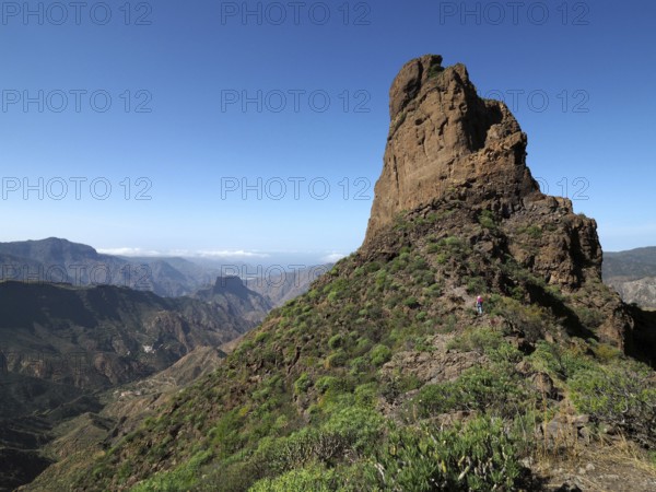 Large, steep rock under blue sky, Roque Bentayga, Gran Canaria, Canary Islands, Canary Islands,