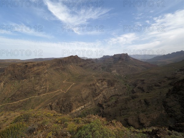 Wide view of a dry, rocky mountain landscape under clear sky, Degollada de las Yeguas, Gran
