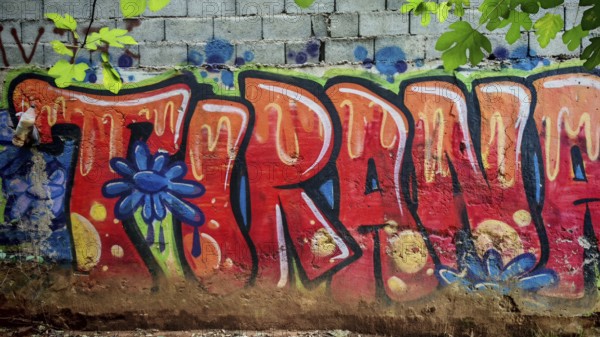 Graffiti with eye-catching colorful letters on a wall in an urban environment, city name Tirana,