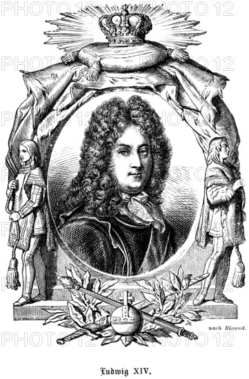 Portrait of famous people, oval, royal regalia, crown, scepter, orb, globe, curls, wig, scarf,