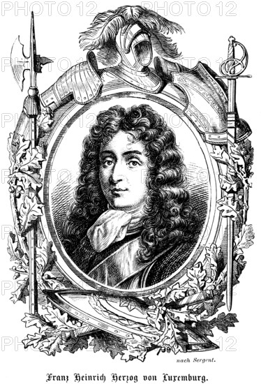 Francis Henry Duke of Luxembourg, curls, wig, feathers, helmet, sword, heeleboard, shield, knight,