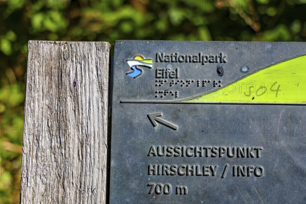 Heimbach, North Rhine-Westphalia, Germany — Eifel National Park. Eifel-Blick Hirschley sign.