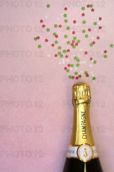 Champagne bottle on pink background, New Year's Eve