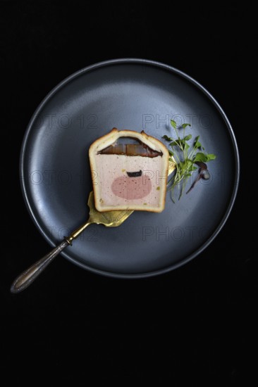Battered pate on plate with microgreen