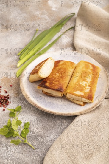Fried crispy pancakes with meat and cheese on brown concrete background and linen textile. side