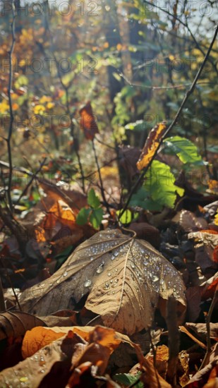 Drops on an autumnal leaf sparkle in the morning sun, Franconian Forest nature park Park