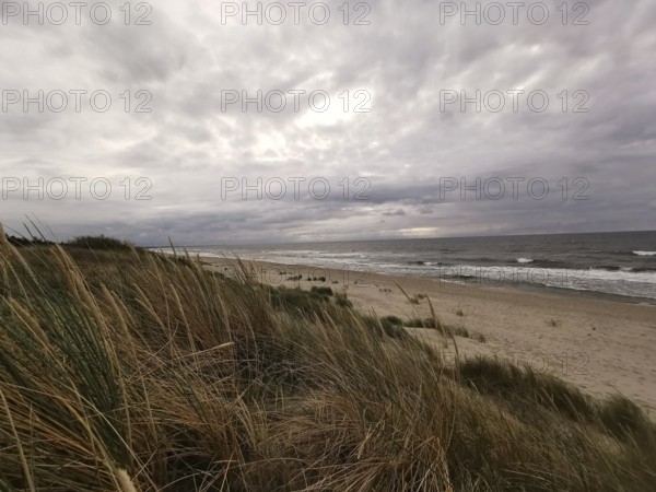 Sandy dunes on the beach with cloudy sky and rough sea in the background, Baltic Sea, fresh spit,