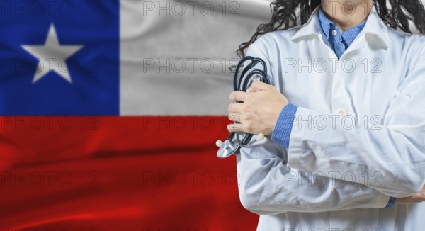 Healthcare professional with Chile flag background. Professional doctor holding stethoscope on