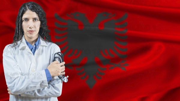 Albanian national health system, Medical professional on Albania flag background