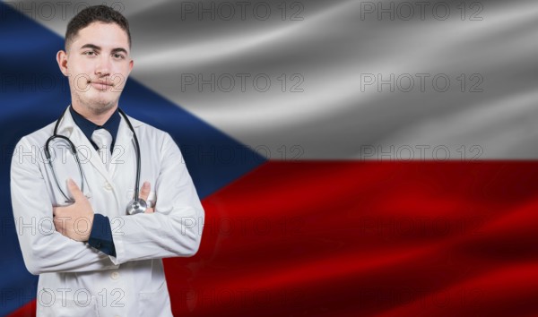 Portrait of medical professional on Czech Republic flag background. Czech national health system