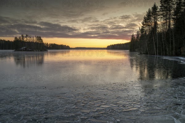 Ice formation on the shore of a lake, forest, sunrise, winter, Hartola, Finland