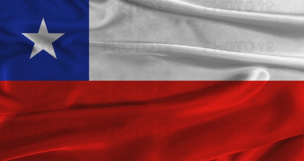 Flag of Chile with fabric textured background. Close up of National flag of Chile with realistic