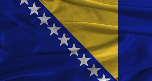 Flag of Bosnia and Herzegovina with fabric textured background. Close up of National flag of Bosnia