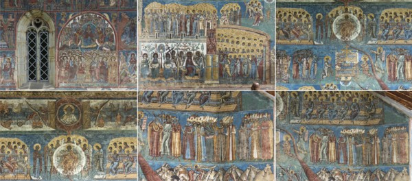 Six details of the Last Judgment wall frescoes at the Vorone? monastery church, 1547, Vorone?,