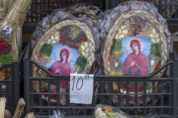 Images of saints at the souvenir stand for tourists in Vorone?, Buckowina, Romania