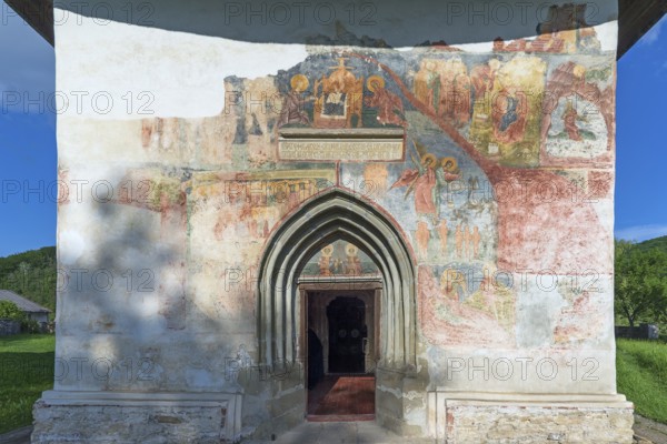 Exterior frescoes at the Church of the Exaltation of the Cross, Patrauti Moldavian monastery from