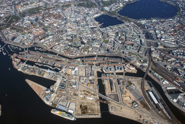 Hafencity, Speicherstadt, city center, Alster, architecture, Stättebau, historic 2010, aerial view,