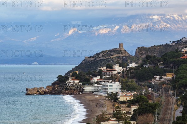 Panoramic view, coastline near Altavilla Milicia, rugged coast with sandy and pebble beaches,
