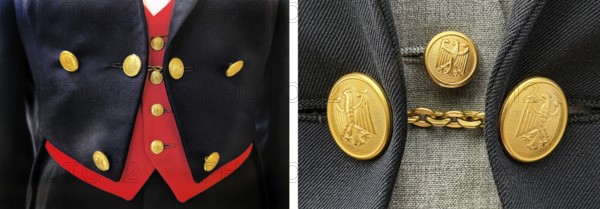 Picture pair, federal tailcoat for men on the left, black tailcoat with red vest and golden buttons