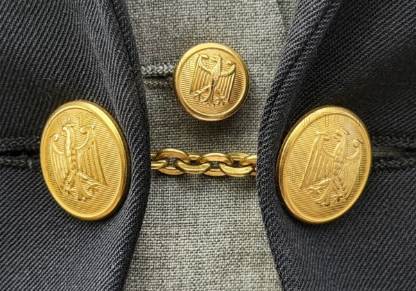 Custom tailcoat for woman since 1989, grey tailcoat with vest and golden buttons with federal eagle