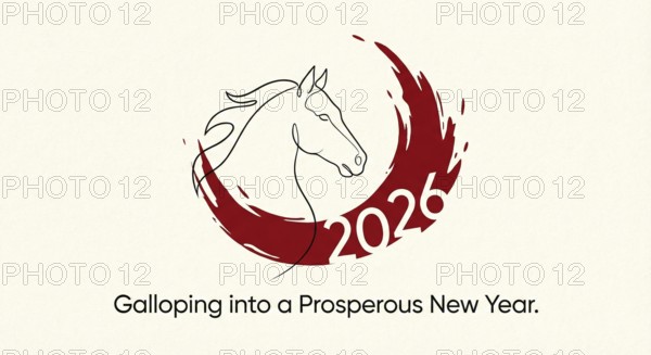 A minimal illustration of a fiery red horse racing through a traditional Chinese landscape,